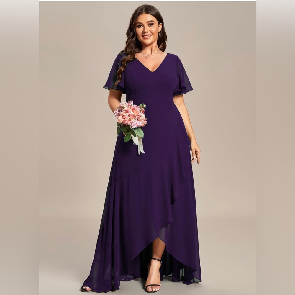 NWT Ever Pretty Plus dark purple Double V Neck A Line Backless High Low size 18